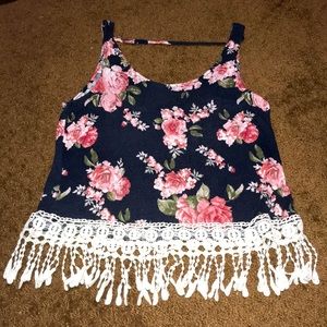 Rue 21 blue floral Medium tank with fringe EUC